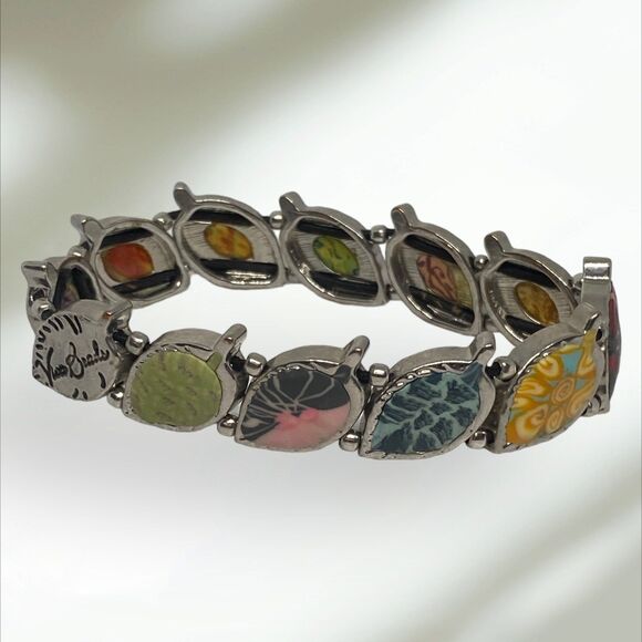 Vera Bradley multicolor clay pebble silvertone leaf stretchy bracelet colorful - Picture 2 of 10